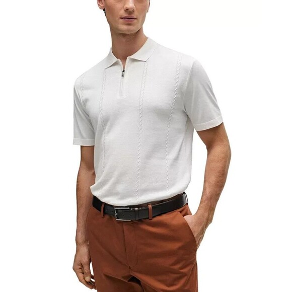 HUGO BOSS Polo Shirt Mens Large Ivory 1/4 Zip Silk Cotton PARKAU $398 - Picture 1 of 10